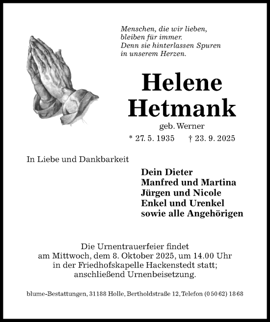 Traueranzeige von Helene Hetmank von Hildesheimer Allgemeine Zeitung