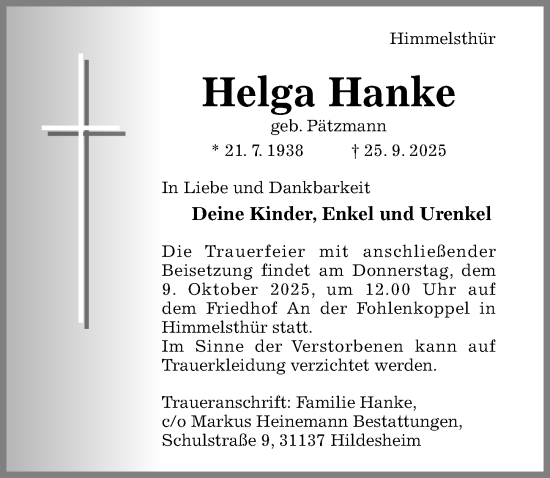 Traueranzeige von Helga Hanke von Hildesheimer Allgemeine Zeitung