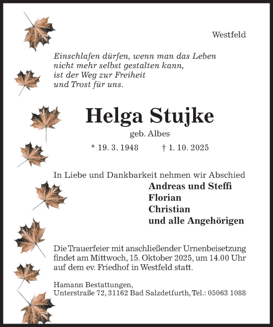 Traueranzeige von Helga Stujke von Hildesheimer Allgemeine Zeitung