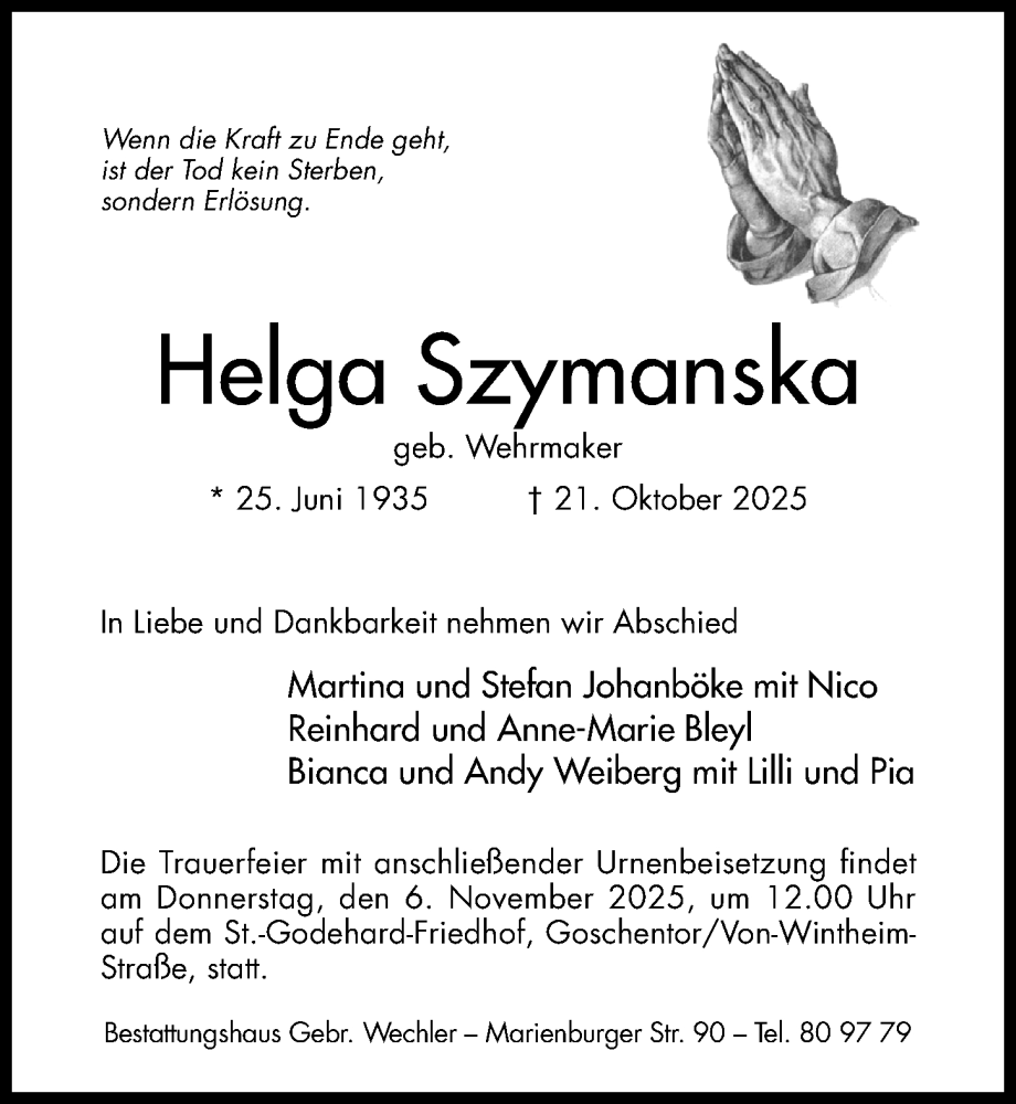  Traueranzeige für Helga Szymanska vom 29.10.2025 aus Hildesheimer Allgemeine Zeitung