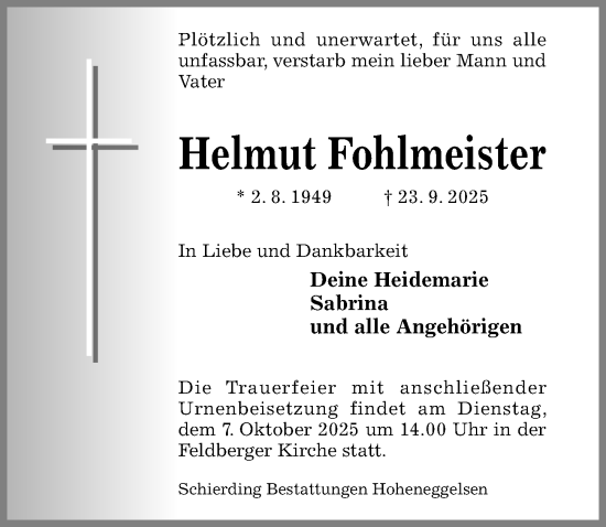 Traueranzeige von Helmut Fohlmeister von Hildesheimer Allgemeine Zeitung