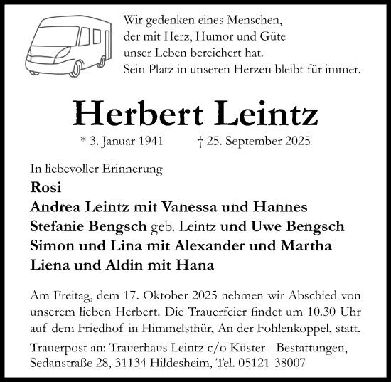 Traueranzeige von Herbert Leintz von Hildesheimer Allgemeine Zeitung