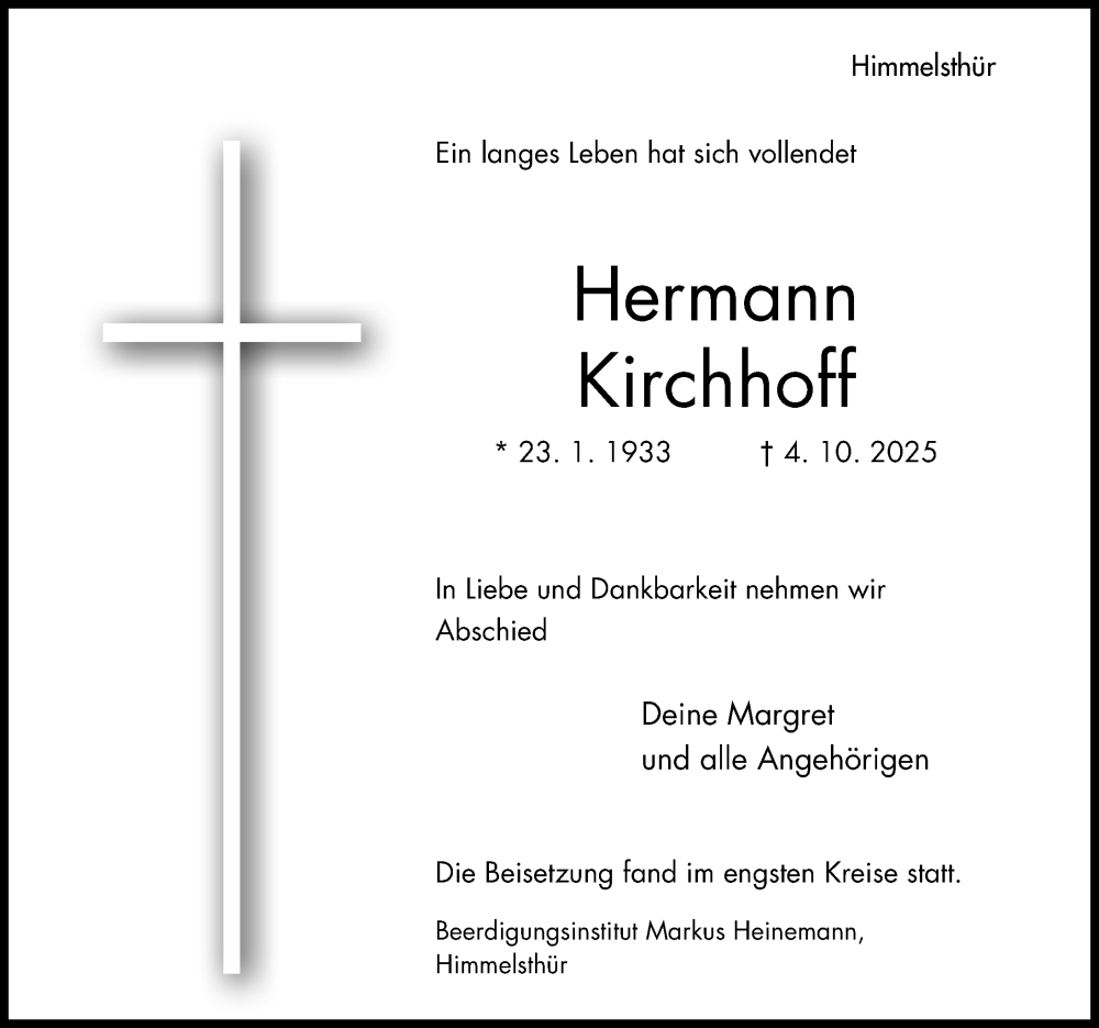  Traueranzeige für Hermann Kirchhoff vom 15.10.2025 aus Hildesheimer Allgemeine Zeitung
