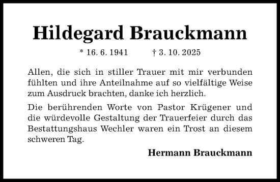 Traueranzeige von Hildegard Brauckmann von Hildesheimer Allgemeine Zeitung