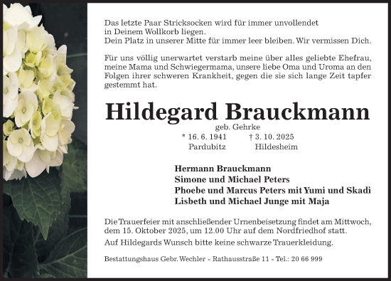 Traueranzeige von Hildegard Brauckmann von Hildesheimer Allgemeine Zeitung