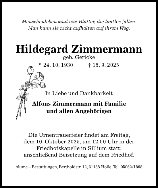 Traueranzeige von Hildegard Zimmermann von Hildesheimer Allgemeine Zeitung