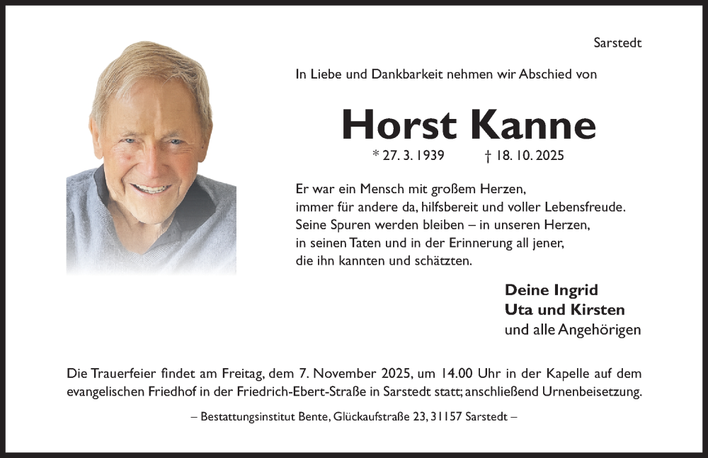  Traueranzeige für Horst Kanne vom 25.10.2025 aus Hildesheimer Allgemeine Zeitung