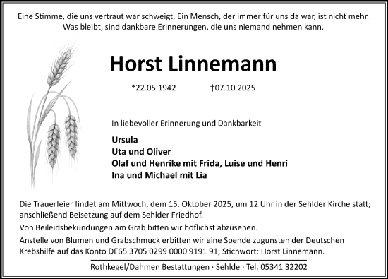 Traueranzeige von Horst Linnemann von Hildesheimer Allgemeine Zeitung