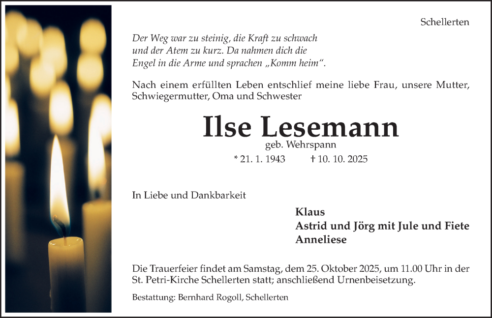  Traueranzeige für Ilse Lesemann vom 15.10.2025 aus Hildesheimer Allgemeine Zeitung