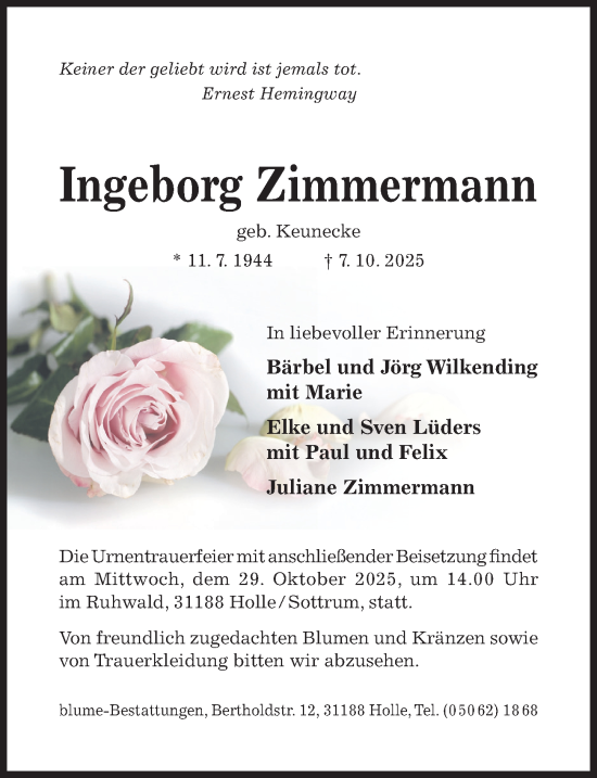 Traueranzeige von Ingeborg Zimmermann von Hildesheimer Allgemeine Zeitung
