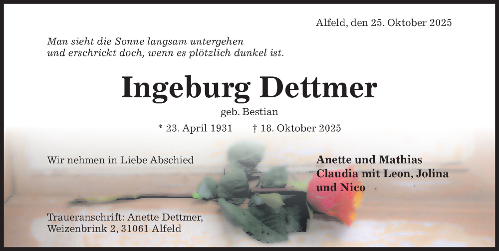  Traueranzeige für Ingeburg Dettmer vom 25.10.2025 aus Hildesheimer Allgemeine Zeitung