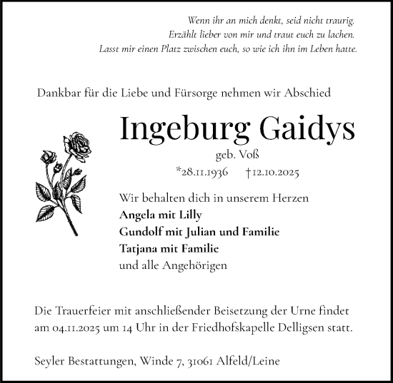 Traueranzeige von Ingeburg Gaidys von Hildesheimer Allgemeine Zeitung