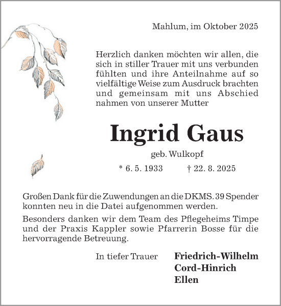 Traueranzeige von Ingrid Gaus von Hildesheimer Allgemeine Zeitung