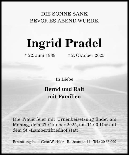 Traueranzeige von Ingrid Pradel von Hildesheimer Allgemeine Zeitung