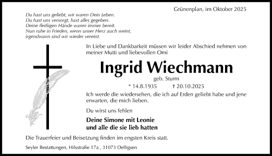 Traueranzeige von Ingrid Wiechmann von Hildesheimer Allgemeine Zeitung