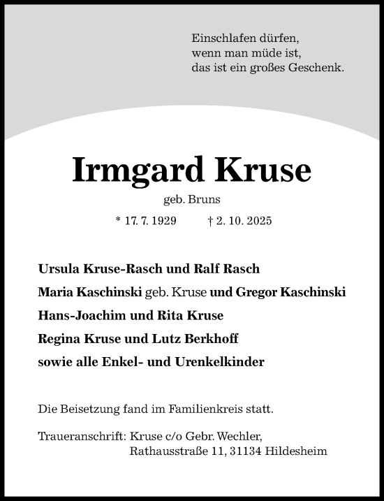 Traueranzeige von Irmgard Kruse von Hildesheimer Allgemeine Zeitung