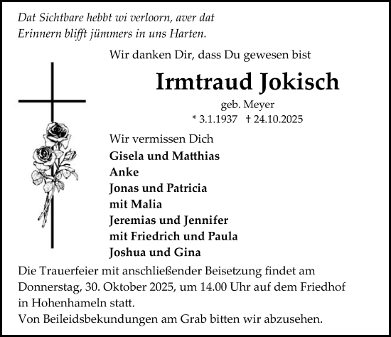 Traueranzeige von Irmtraud Jokisch von Hildesheimer Allgemeine Zeitung