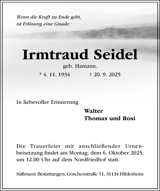 Traueranzeige von Irmtraud Seidel von Hildesheimer Allgemeine Zeitung