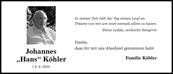 Traueranzeige von Johannes Köhler von Hildesheimer Allgemeine Zeitung