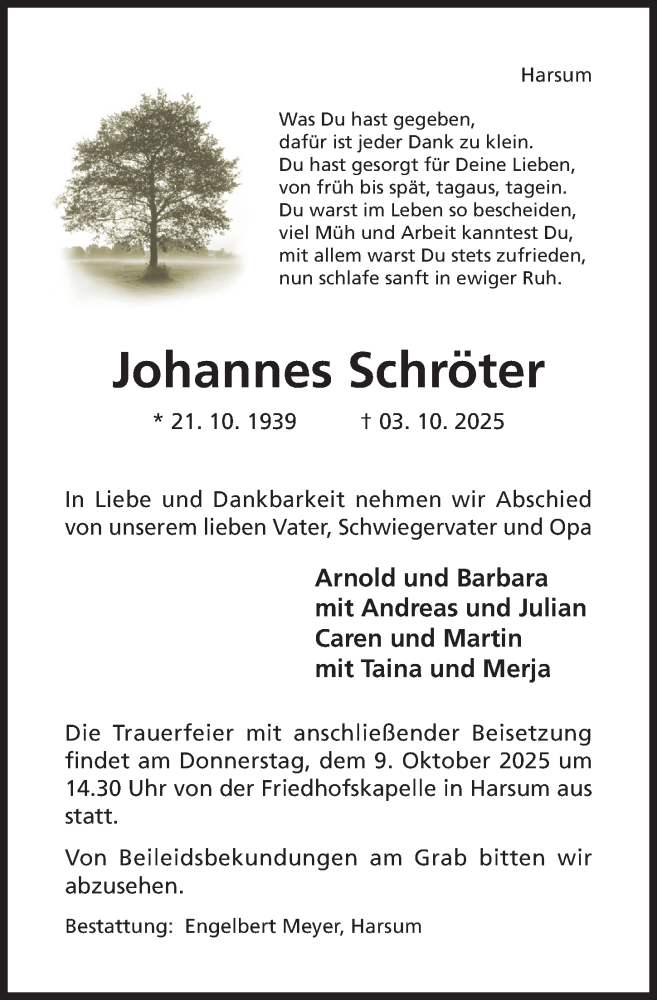  Traueranzeige für Johannes Schröter vom 07.10.2025 aus Hildesheimer Allgemeine Zeitung