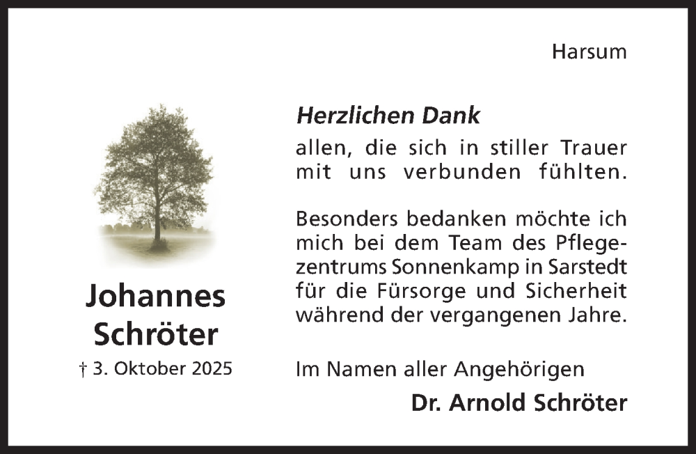  Traueranzeige für Johannes Schröter vom 25.10.2025 aus Hildesheimer Allgemeine Zeitung