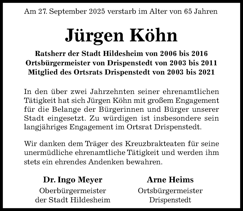  Traueranzeige für Jürgen Köhn vom 01.10.2025 aus Hildesheimer Allgemeine Zeitung