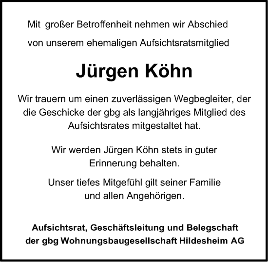 Traueranzeige von Jürgen Köhn von Hildesheimer Allgemeine Zeitung