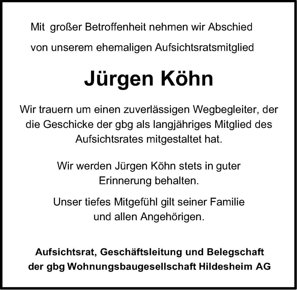  Traueranzeige für Jürgen Köhn vom 02.10.2025 aus Hildesheimer Allgemeine Zeitung