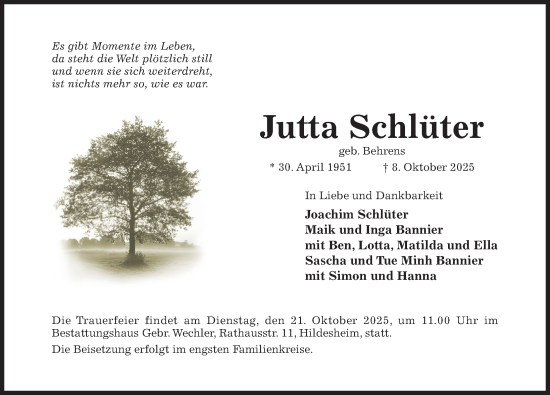 Traueranzeige von Jutta Schlüter von Hildesheimer Allgemeine Zeitung