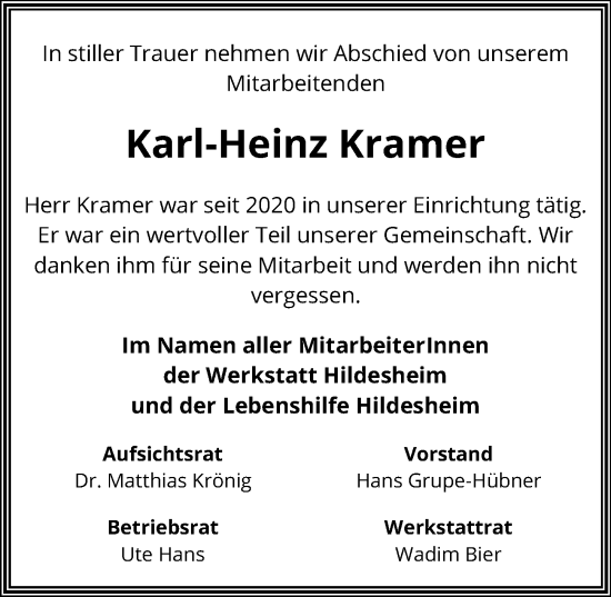 Traueranzeige von Karl-Heinz Kramer von Hildesheimer Allgemeine Zeitung