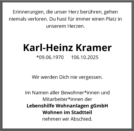 Traueranzeige von Karl-Heinz Kramer von Hildesheimer Allgemeine Zeitung