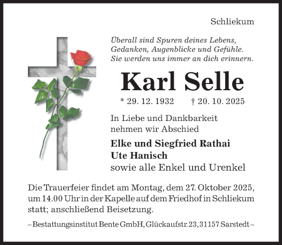 Traueranzeige von Karl Selle von Hildesheimer Allgemeine Zeitung