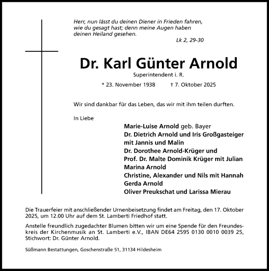 Traueranzeige von Karl Günter Arnold von Hildesheimer Allgemeine Zeitung