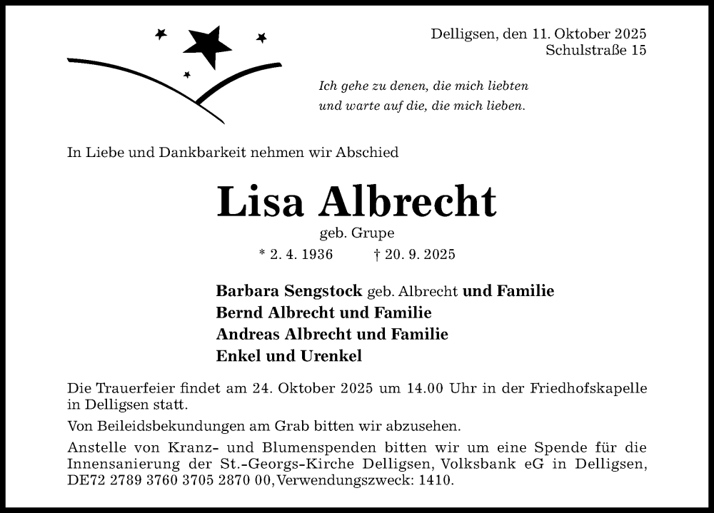  Traueranzeige für Lisa Albrecht vom 11.10.2025 aus Hildesheimer Allgemeine Zeitung