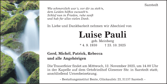 Traueranzeige von Luise Pauli von Hildesheimer Allgemeine Zeitung