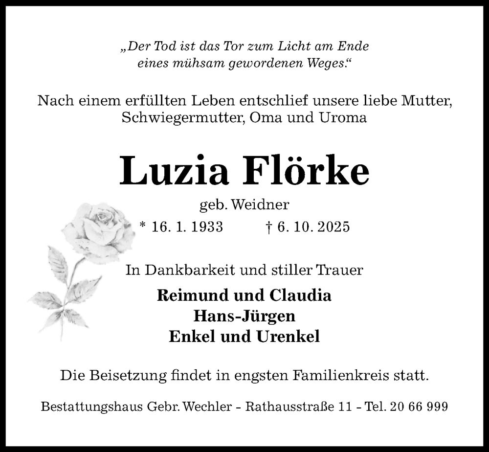  Traueranzeige für Luzia Flörke vom 15.10.2025 aus Hildesheimer Allgemeine Zeitung