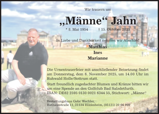 Traueranzeige von Männe Jahn von Hildesheimer Allgemeine Zeitung