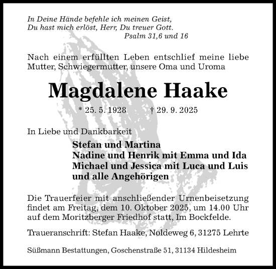 Traueranzeige von Magdalene Haake von Hildesheimer Allgemeine Zeitung