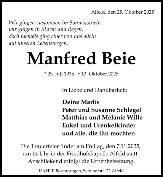 Traueranzeige von Manfred Beie von Hildesheimer Allgemeine Zeitung