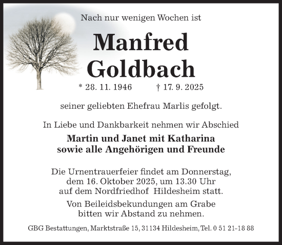 Traueranzeige von Manfred Goldbach von Hildesheimer Allgemeine Zeitung