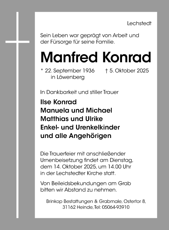 Traueranzeige von Manfred Konrad von Hildesheimer Allgemeine Zeitung