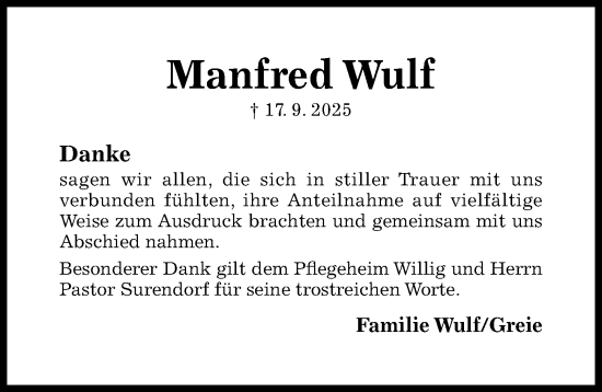 Traueranzeige von Manfred Wulf von Hildesheimer Allgemeine Zeitung