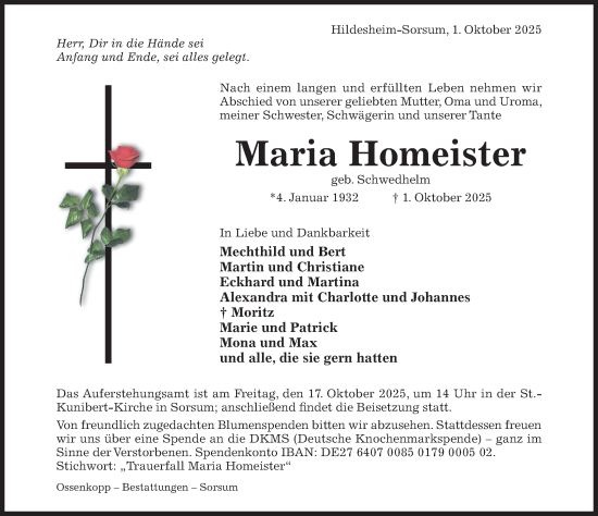 Traueranzeige von Maria Homeister von Hildesheimer Allgemeine Zeitung