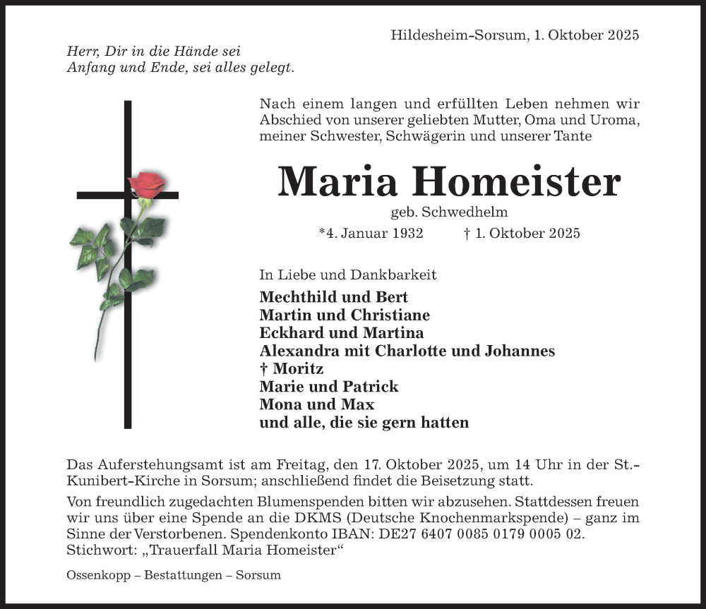  Traueranzeige für Maria Homeister vom 04.10.2025 aus Hildesheimer Allgemeine Zeitung