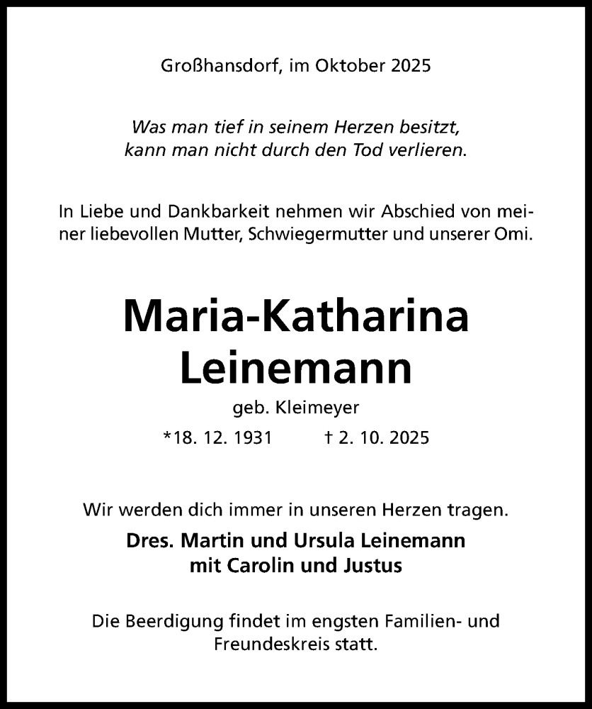  Traueranzeige für Maria-Katharina Leinemann vom 11.10.2025 aus Hildesheimer Allgemeine Zeitung