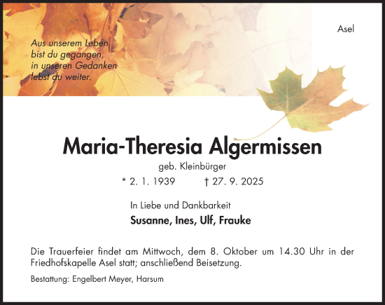 Traueranzeige von Maria-Theresia Algermissen von Hildesheimer Allgemeine Zeitung