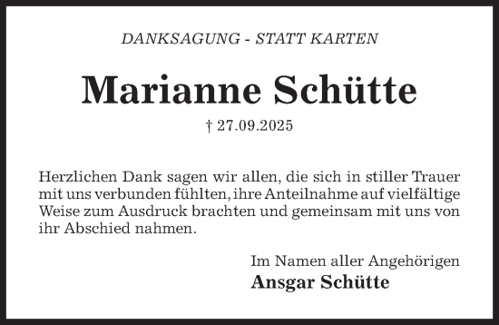 Traueranzeige von Marianne Schütte von Hildesheimer Allgemeine Zeitung