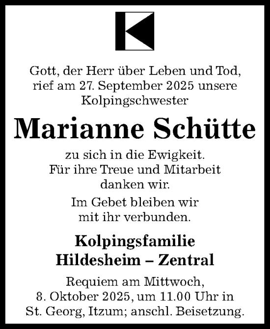 Traueranzeige von Marianne Schütte von Hildesheimer Allgemeine Zeitung