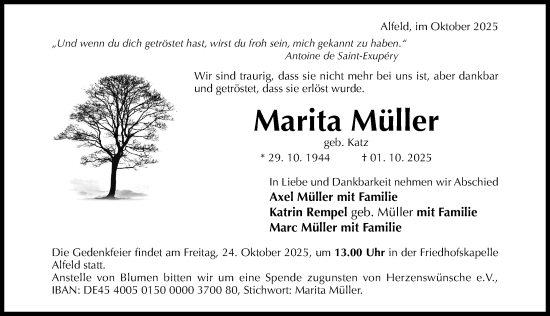 Traueranzeige von Marita Müller von Hildesheimer Allgemeine Zeitung