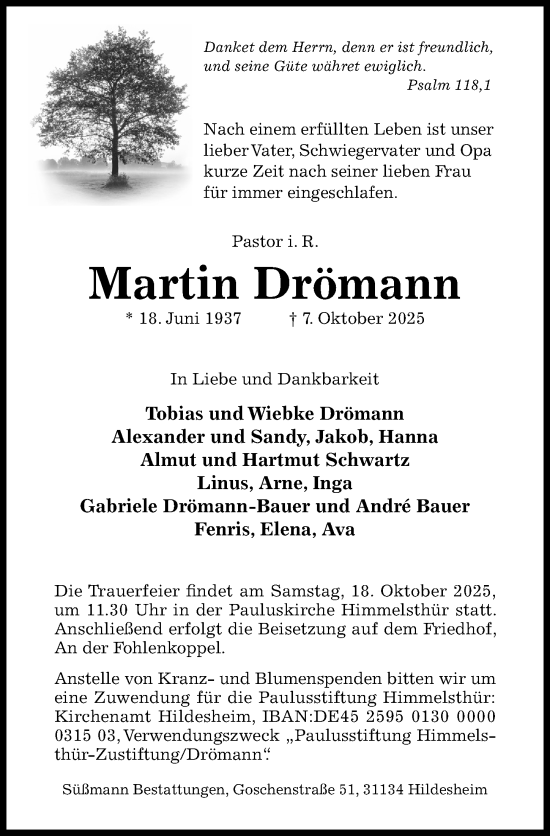 Traueranzeige von Martin Drömann von Hildesheimer Allgemeine Zeitung